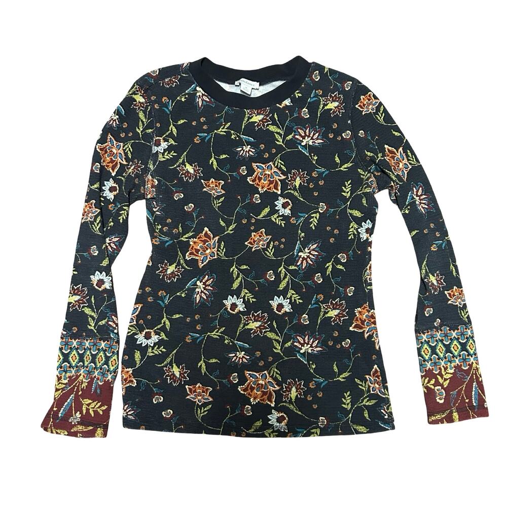 Sundance Tapestry Waffle Knit Thermal Top Womens Medium Velvet Cuff Floral Boho
